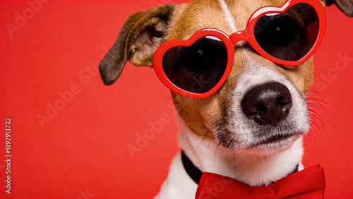 Dog wears heart-shaped sunglasses and a red bow tie in front of a bright red background during a fun photo session in a studio setting
