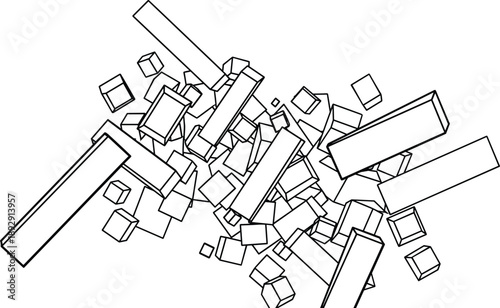 Abstract geometric composition with cubes and rectangular prisms in dynamic black and white perspective for design, modeling, and spatial visualization