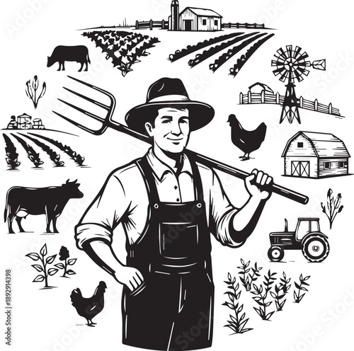 Vintage farmer illustration with pitchfork and rural landscape, retro agricultural woodcut vector with barn, livestock, and tractor in circular composition.