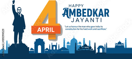 Happy Ambedkar Jayanti April 14 Banner with Dr BR Ambedkar Statue Silhouette and Indian Landmark City Skyline