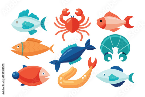 seafood flat icon set silhouette line art vector on white background