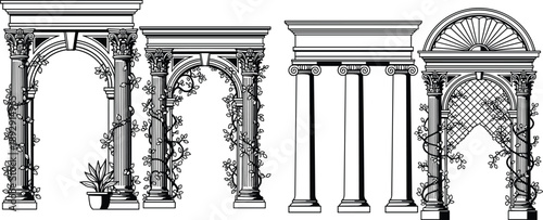 Collection of Classical Architectural Arches and Columns Featuring Intricate Greek Pillars, Decorative Vines, Garden Porticos, and Roman Gate Illustration Design Elements