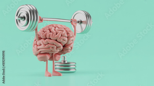 Three dimensional render of human brain lifting weights 
