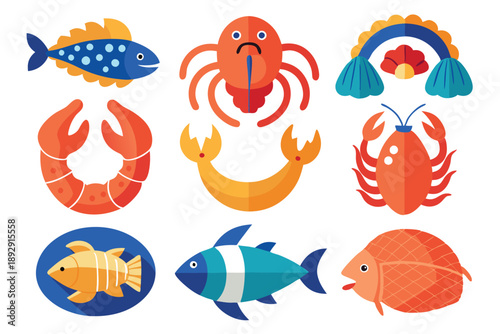 seafood flat icon set silhouette line art vector on white background
