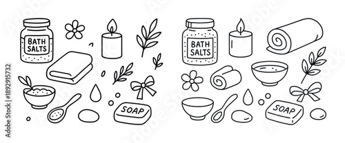 Spa essentials line art illustration of bath salts candles soap and towels