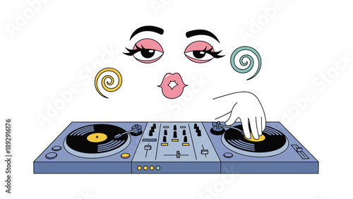 Artistic illustration of a DJ mixing console with vinyl records and a surreal face expressing musical passion and rhythm.