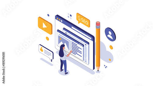 Digital marketing expert optimizes website performance through SEO and social media strategies on a large interactive screen.