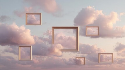 Group of six square-shaped frames floating in the sky. the frames are arranged in a way that they are overlapping each other, creating a sense of depth and dimension.