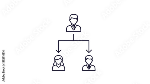 Minimalist organizational chart icon representing a business leader at the top with arrows pointing to two professional subordinates.