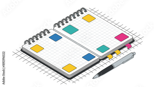 Isometric view of an open spiral notebook with colorful sticky notes on grid paper and a classic ballpoint pen resting beside it on a desk.