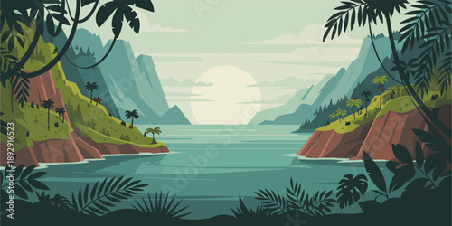 Vintage style panoramic vector landscape of tropical rainforest mountains meeting the ocean with layered jungle, cliffs, and misty atmosphere