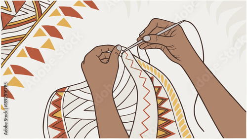 Close-up flat illustration of hands using a needle to sew or crochet a patterned textile. Earthy tones with geometric tribal motifs on a clean, cream background.