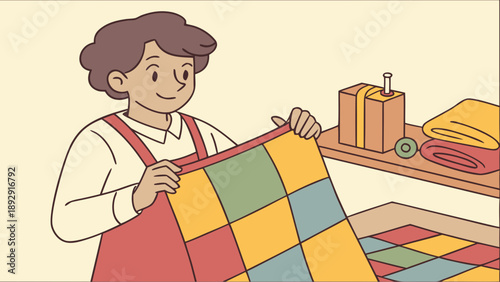 friendly 2D vector illustration of a person in a red apron holding a colorful patchwork quilt. The scene includes fabric rolls and a workspace on a warm, neutral background.