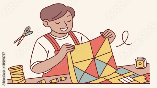 Flat line art illustration of a smiling person quilting a geometric patchwork fabric at a desk with sewing tools. Warm, retro-style hobby and handicraft concept.