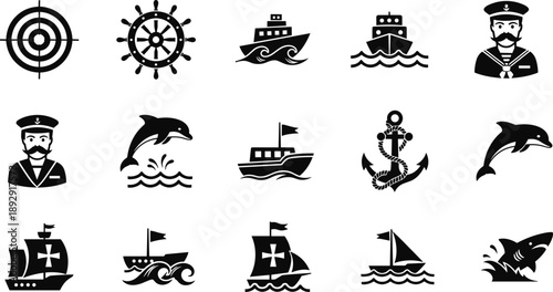 Set of Black Minimalist Nautical Vector Icons Featuring Ships Sailors Dolphins Anchors and Maritime Symbols Isolated on a White Background