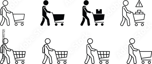 Set of Eight Black and White Shopping Cart Icons Depicting Various Retail Scenarios for UI, Signage, and Instructional Use