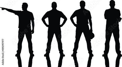 Four black silhouettes of men in different poses on white background standing
