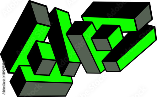 Abstract 3D green and black geometric blocks forming an interlocking structure, modern isometric illustration symbolizing connection, technology, and innovation.