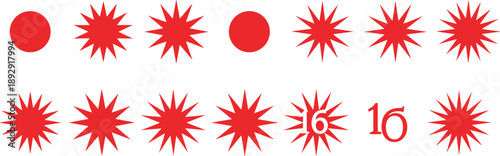Set of Red Starburst Price Tags and Circle Sale Stickers with Number Sixteen for Retail Promotion Discount Marketing and Commercial Product Labeling Designs