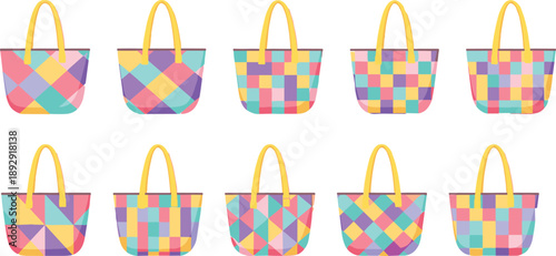 Set of twelve colorful tote bags with geometric pastel patterns and yellow handles on white background for fashion or design use