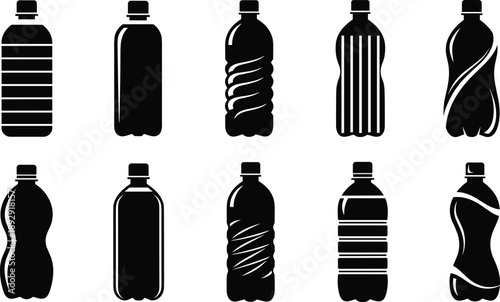 Set of Ten Stylized Plastic Bottle Silhouettes in Varied Shapes for Beverage Packaging, Branding, Ergonomic, and Product Design Concepts