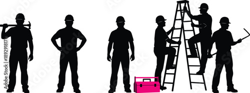 Silhouette collection of construction workers and contractors with tools including hammers crowbars and ladders for building repair isolated on white