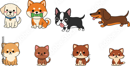 Cute Puppy and Kitten Character Set Featuring a Shiba Inu with a Bone Dachshund French Bulldog and Small Kitties in Kawaii Cartoon Style for Pet Branding