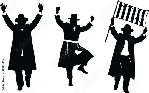 Silhouette of dancing Jewish men in traditional Hasidic clothing celebrating with raised hands and holding a flag isolated on white background