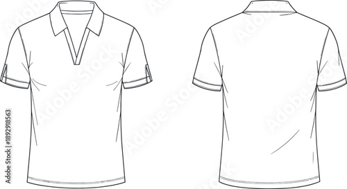 Technical Fashion Flat Sketch of a Men Short Sleeve Polo Shirt Featuring Front and Back Views with a V-Neck Collar and Folded Cuffs