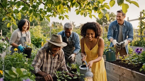 Group of people gardening together in sunny garden.