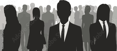 Business professionals in silhouette with a crowd behind