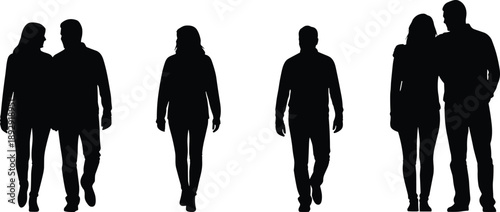 Black silhouettes of people walking alone and in pairs white background