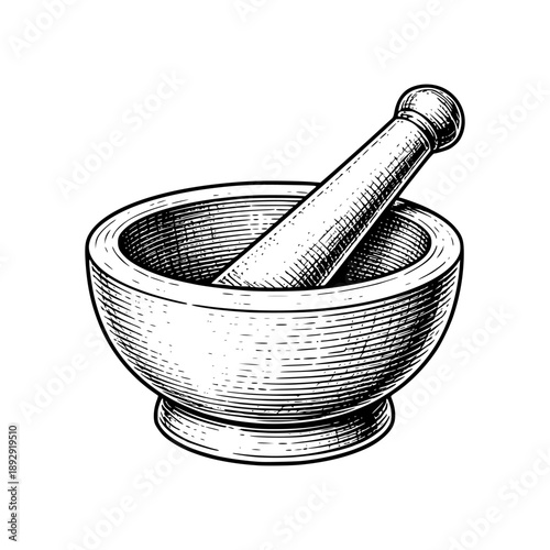 Intricate mortar and pestle engraving illustration