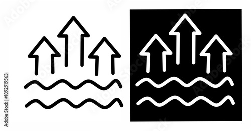 Minimal evaporation icon showing upward arrows over water waves. Black and white outline and solid styles, ideal for humidity, climate, weather concepts.