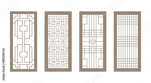 Traditional Korean wooden window frames, detailed geometric patterns, minimalist Asian architectural elements, cultural design illustration.