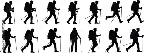 Black silhouettes of hikers with backpacks and trekking poles walking on white background