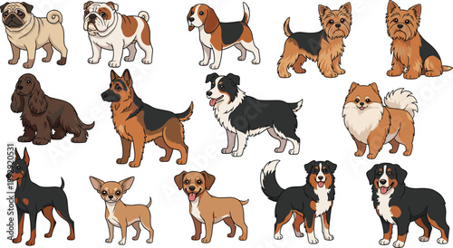 Large Collection of Popular Dog Breeds Featuring Pug Bulldog German Shepherd Beagle Yorkshire Terrier and Bernese Mountain Dog in Vibrant Cartoon Style
