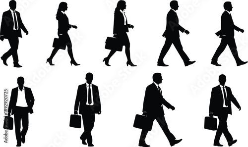 Black silhouettes of business people walking with briefcases