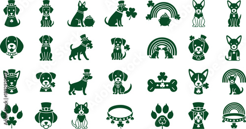 St Patricks Day dog icons set with green silhouettes of various breeds and shamrocks on white background for graphic design  many dog breeds