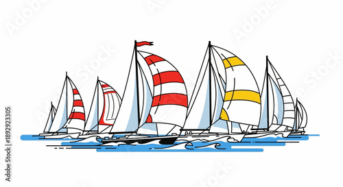 Vector illustration of sailboats racing in the Royal Hobart Regatta on a public holiday in Tasmania, Australia, with a stylized depiction of boats and cityscape.