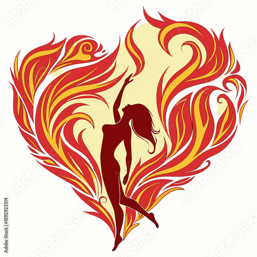 A vibrant heart silhouette formed by an energetic abstract fire swirl, symbolizing intense passion and the dynamic essence of love.