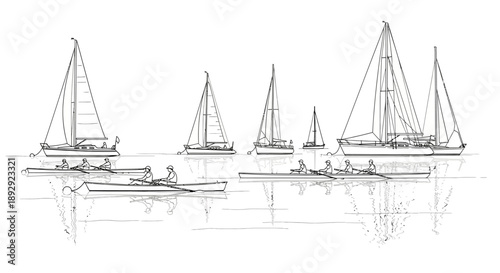 Vector illustration of boats and ships at the Royal Hobart Regatta in Tasmania, Australia, with a calm water reflection on a white background.