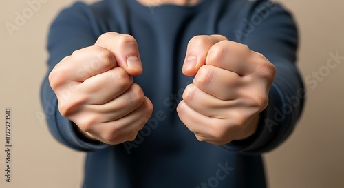 Person showing fists in frustration or anger with clenched hands and dark blue shirt