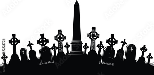 Collection of Cemetery Graveyard Silhouette Vector Illustration Set, Various Tombstones Celtic Crosses and Obelisk for Spooky Halloween Funeral Death and Memorial Graphic Design