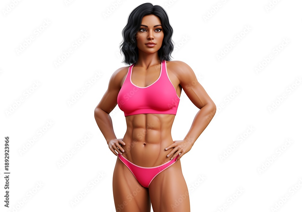 Fototapeta premium Fit Woman in Pink Sports Bra and Bikini Bottom Posing Confidently