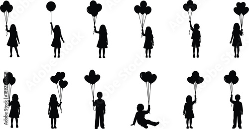 Collection of Happy Children Silhouette Vector Illustration Set, Little Boys and Girls Holding Bunches of Balloons for Birthday Party Celebration and Childhood Joy
