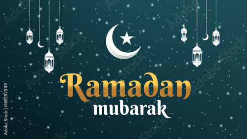 Elegant Ramadan Mubarak greeting card with crescent moon and lanterns