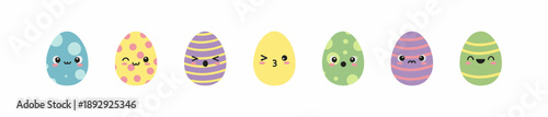 Cartoon-style Easter egg icons with cheerful faces and pastel patterns for festive and playful design.