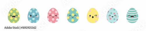 Cartoon-style Easter egg icons with cheerful faces and pastel patterns for festive and playful design.