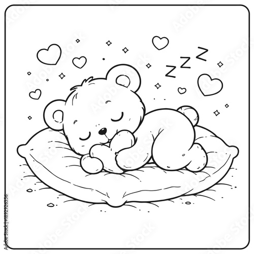 An adorable little bear cub sleeping soundly on a pillow holding a heart.